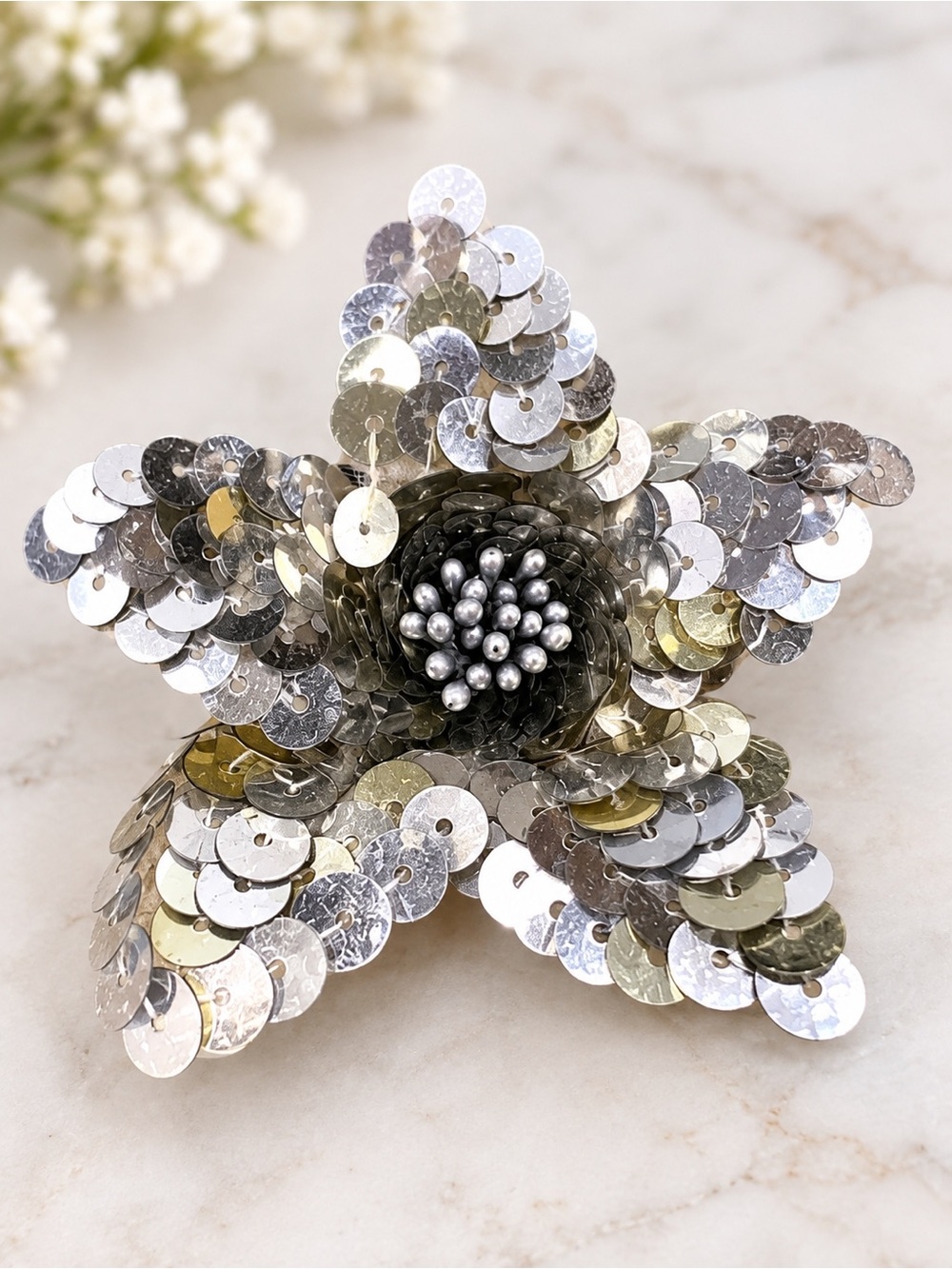 Silver Sequin Flower Brooch Hair Clip 2-in-1 Statement Party Accessory